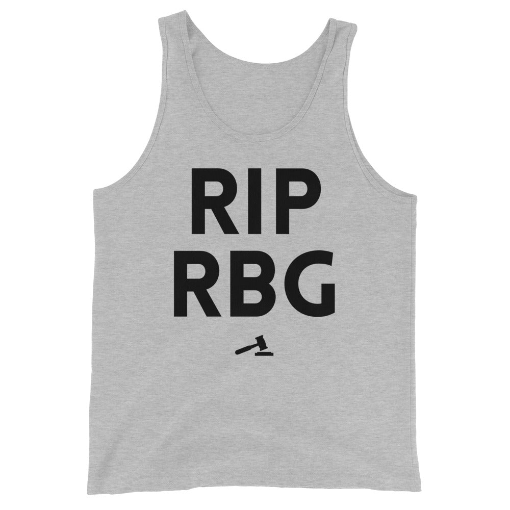 Gray unisex tank top with bold black "RIP RBG" text and a small gavel icon on the front. Gender-inclusive vibe