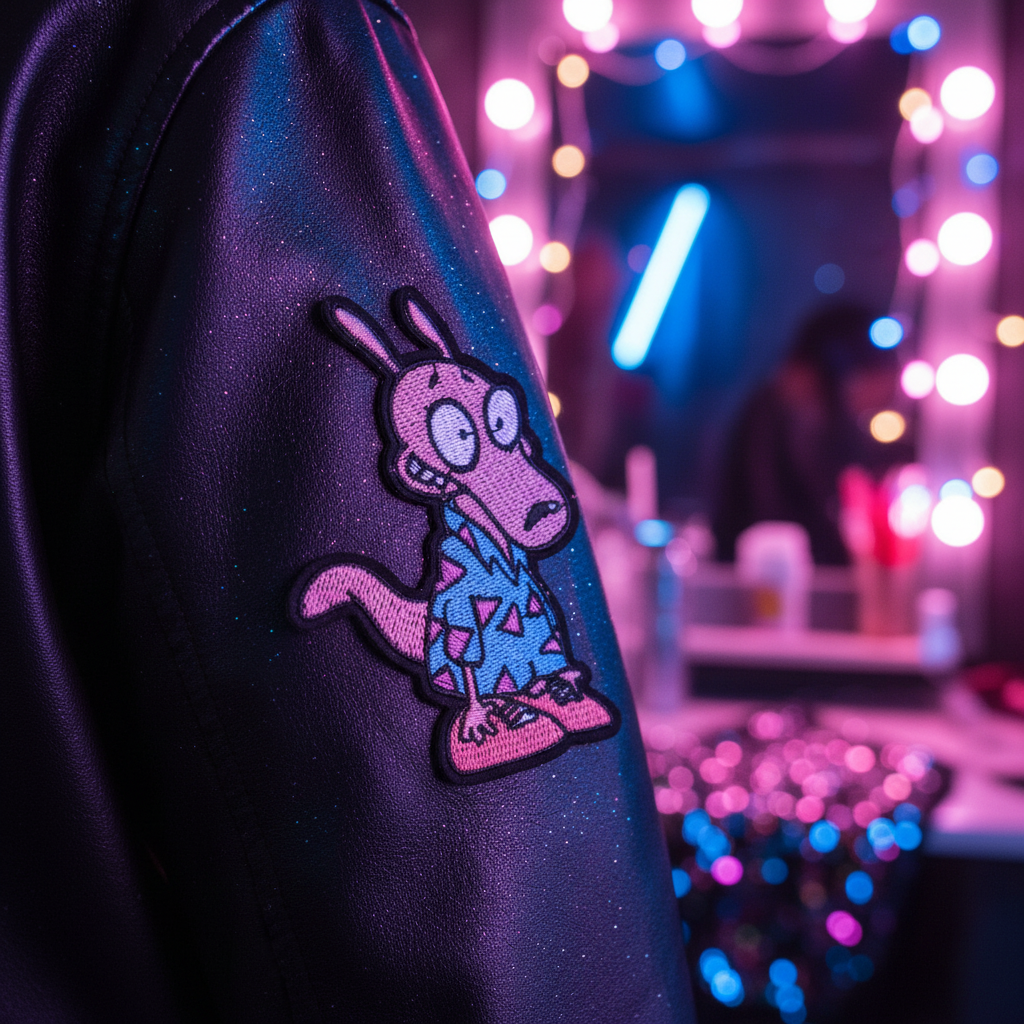 Black leather jacket sleeve featuring the Rocco Iron On Embroidered Patch on a blue shirt