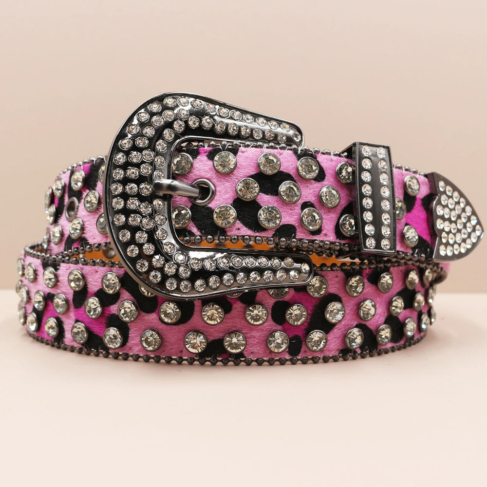 Rodeo princess rhinestone leopard western belt photographed for the product listing.