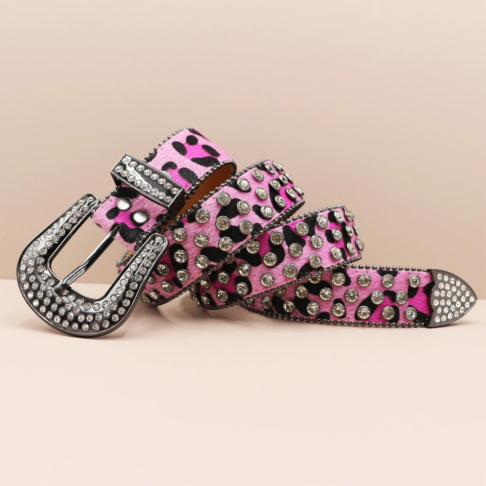 Rodeo princess rhinestone leopard western belt photographed for the product listing.