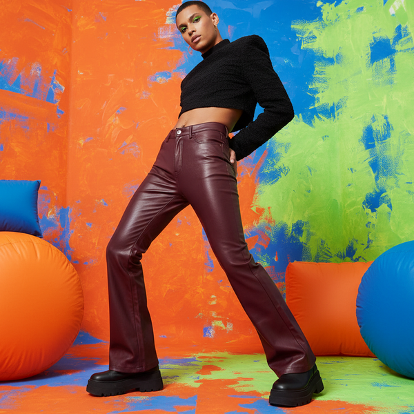 Model in burgundy faux-leather flared pants, black cropped sweater, and platform boots