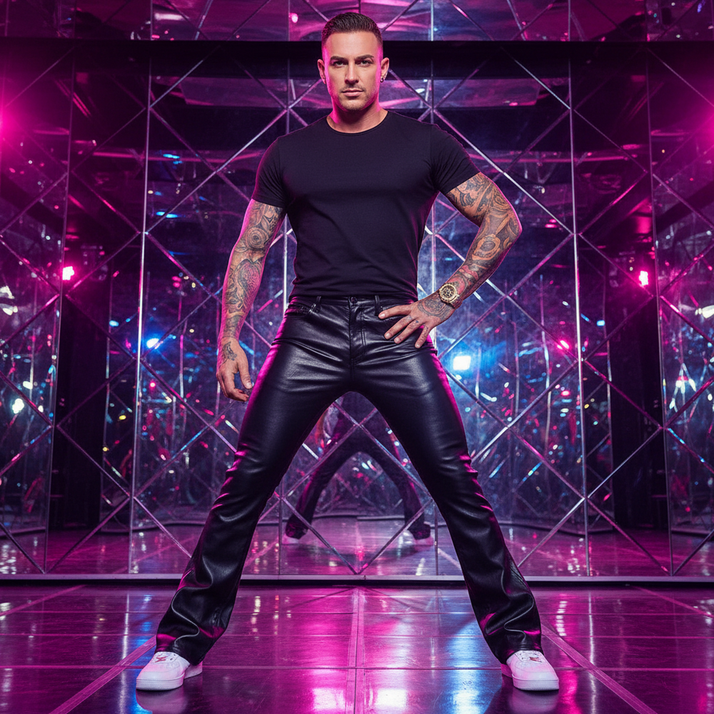Tattooed person models black flared faux-leather pants in a mirrored room lit pink and blue