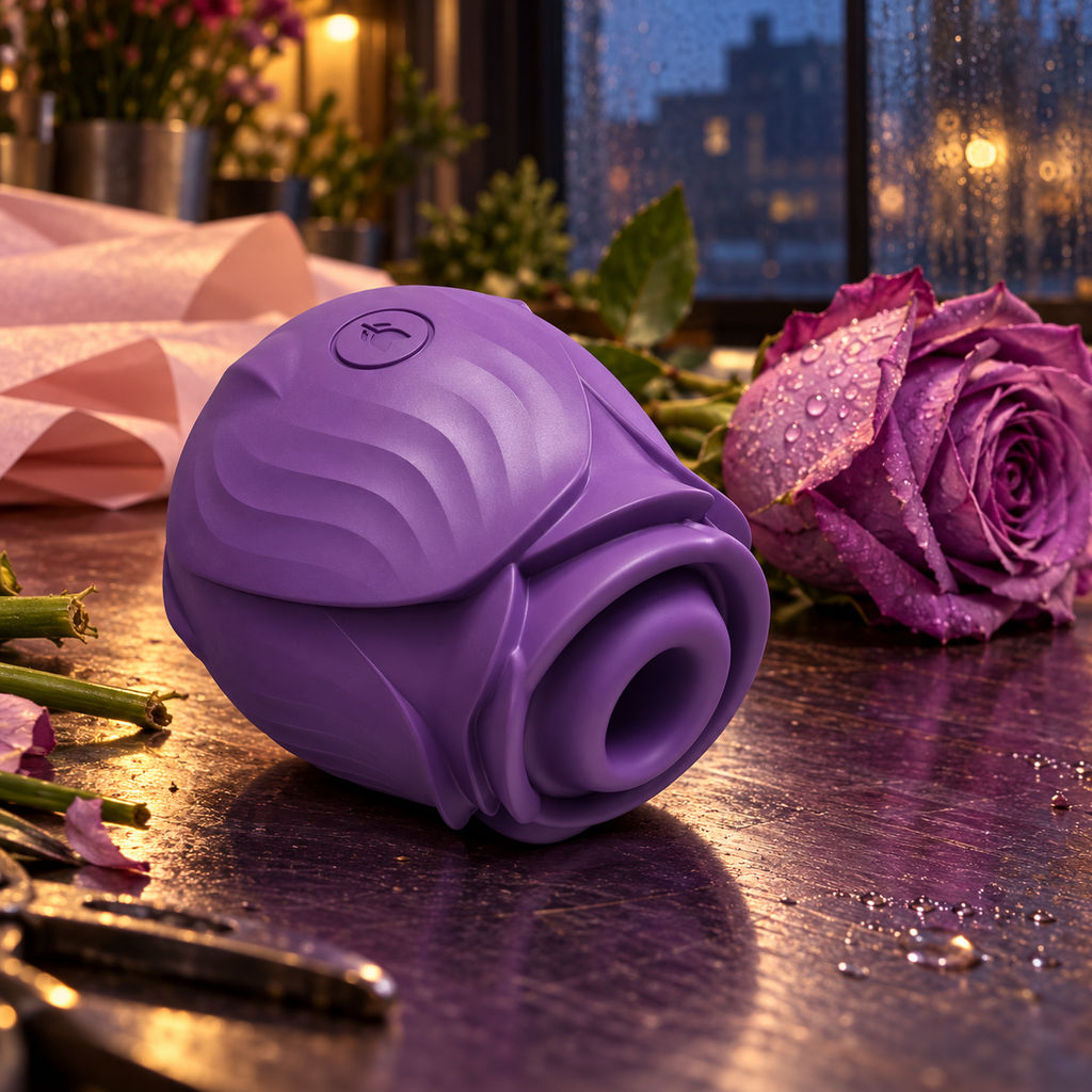 Purple rose-shaped silicone massager on a florist’s counter beside a purple rose and pink wrapping paper.