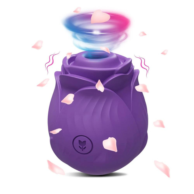 Purple rose-shaped vibrating massager with a floating ring and scattered pink petals