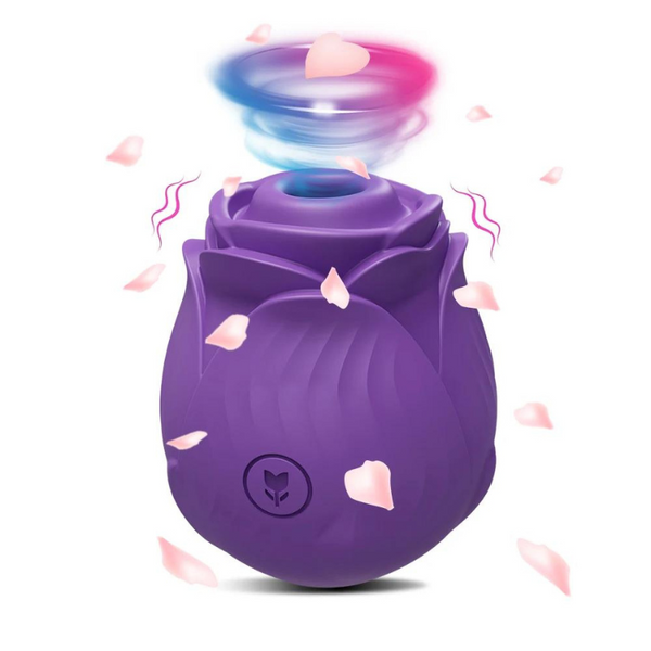 Purple rose-shaped vibrating massager with a floating ring and scattered pink petals