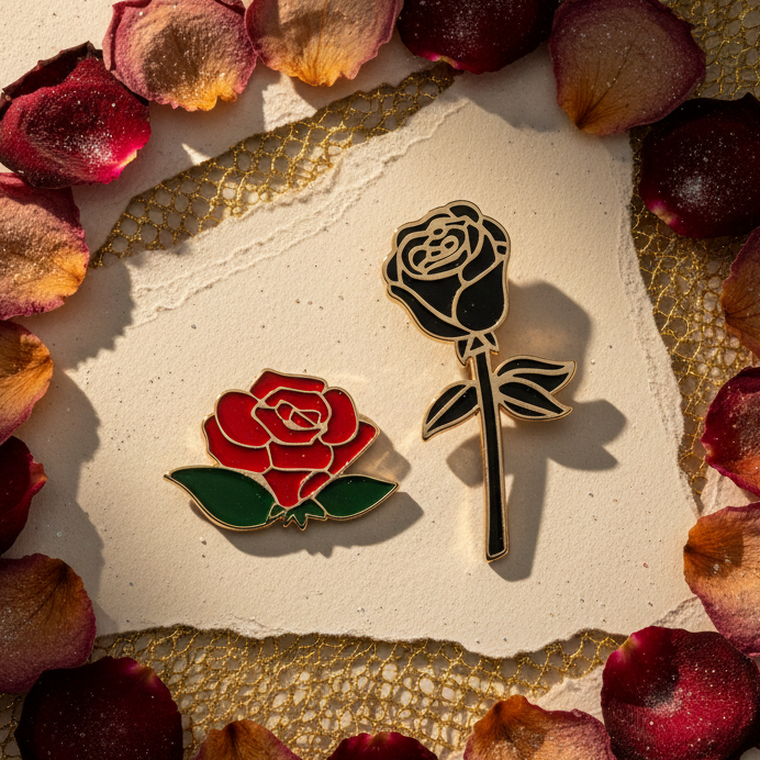 Two rose enamel pins, one red with green leaves and one black with gold outlines