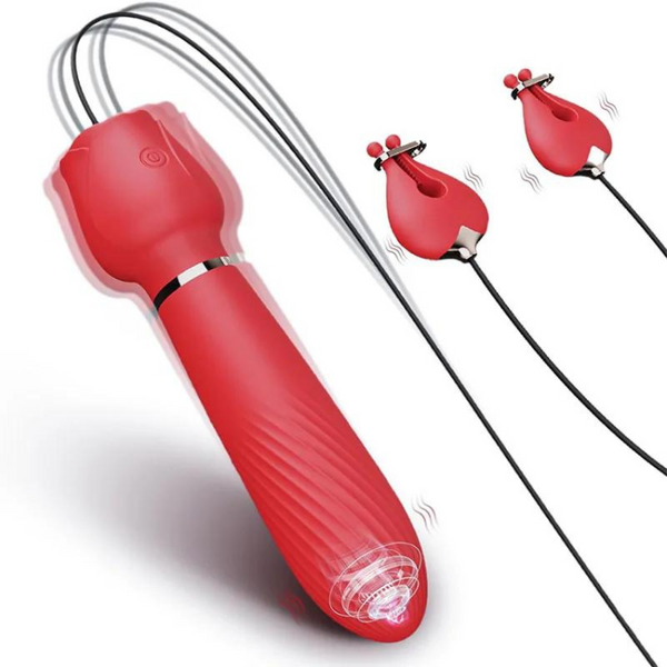 Red vibrating wand with two red nipple clamps and long black cords