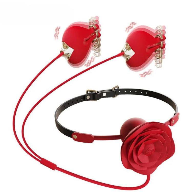 Red heart-shaped vibrating nipple clamps with cords and a rose-shaped ball gag on a black strap