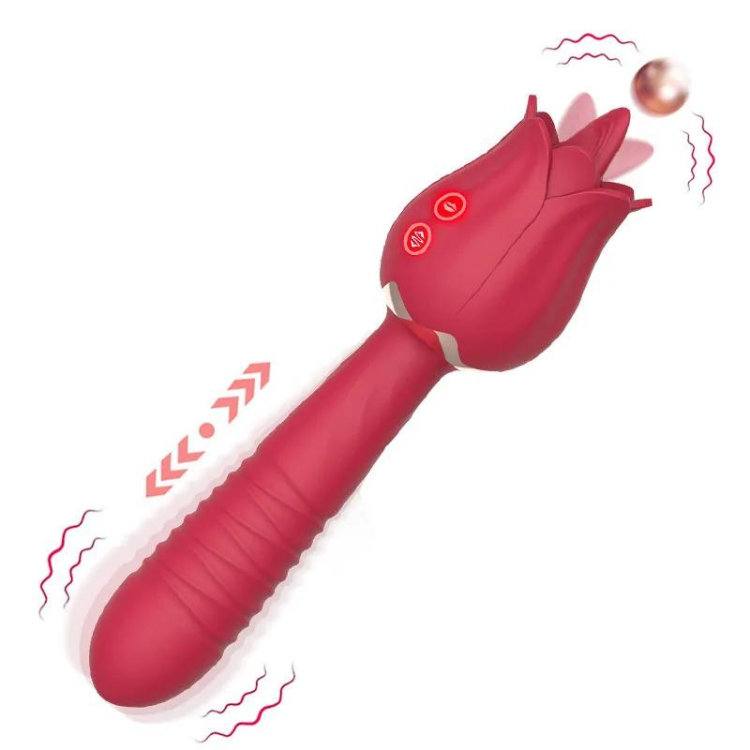 Red rosebud-shaped vibrator with a ribbed handle, two buttons, and petal-like head