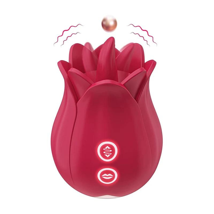 Red rose-shaped vibrator shown upright, with two illuminated control buttons and vibration lines