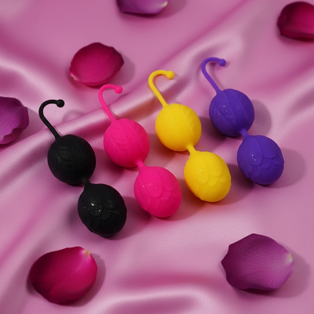 Four pairs of colorful silicone kegel beads arranged on pink satin with rose petals