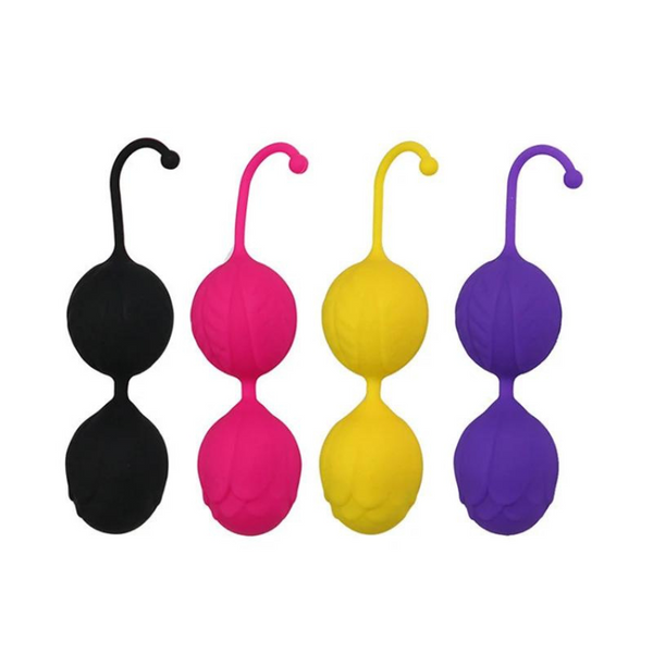 Four colorful double-ball silicone kegel beads with looped retrieval stems