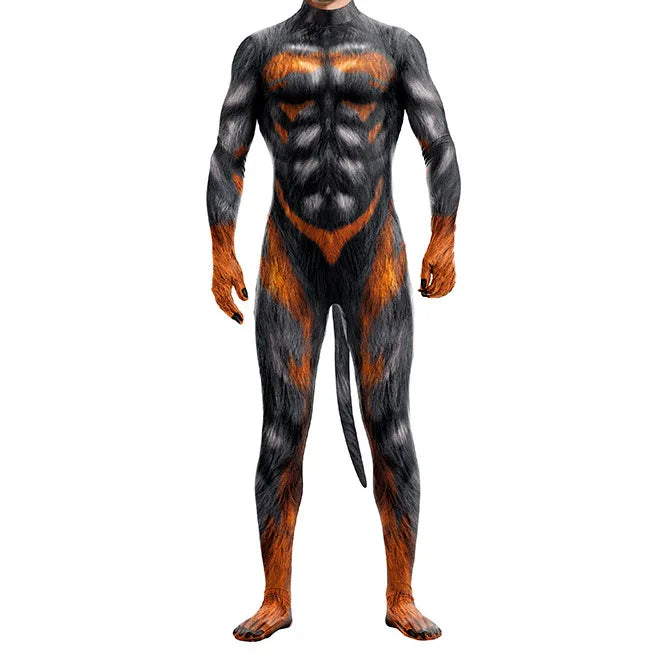 Front view of a black and orange Rottweiler-style full-body suit with a tail