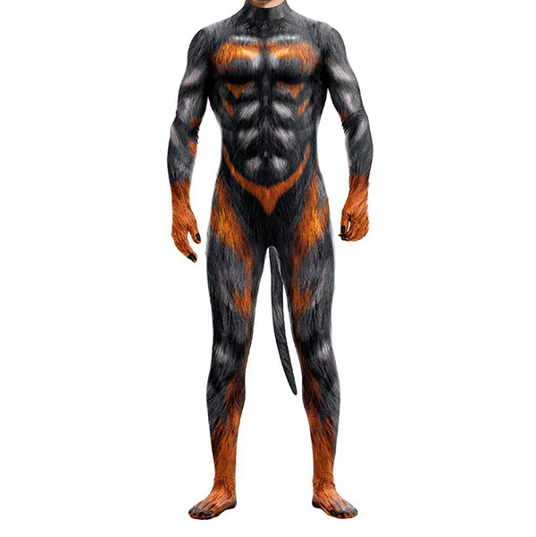Front view of a black and orange Rottweiler-style full-body suit with a tail