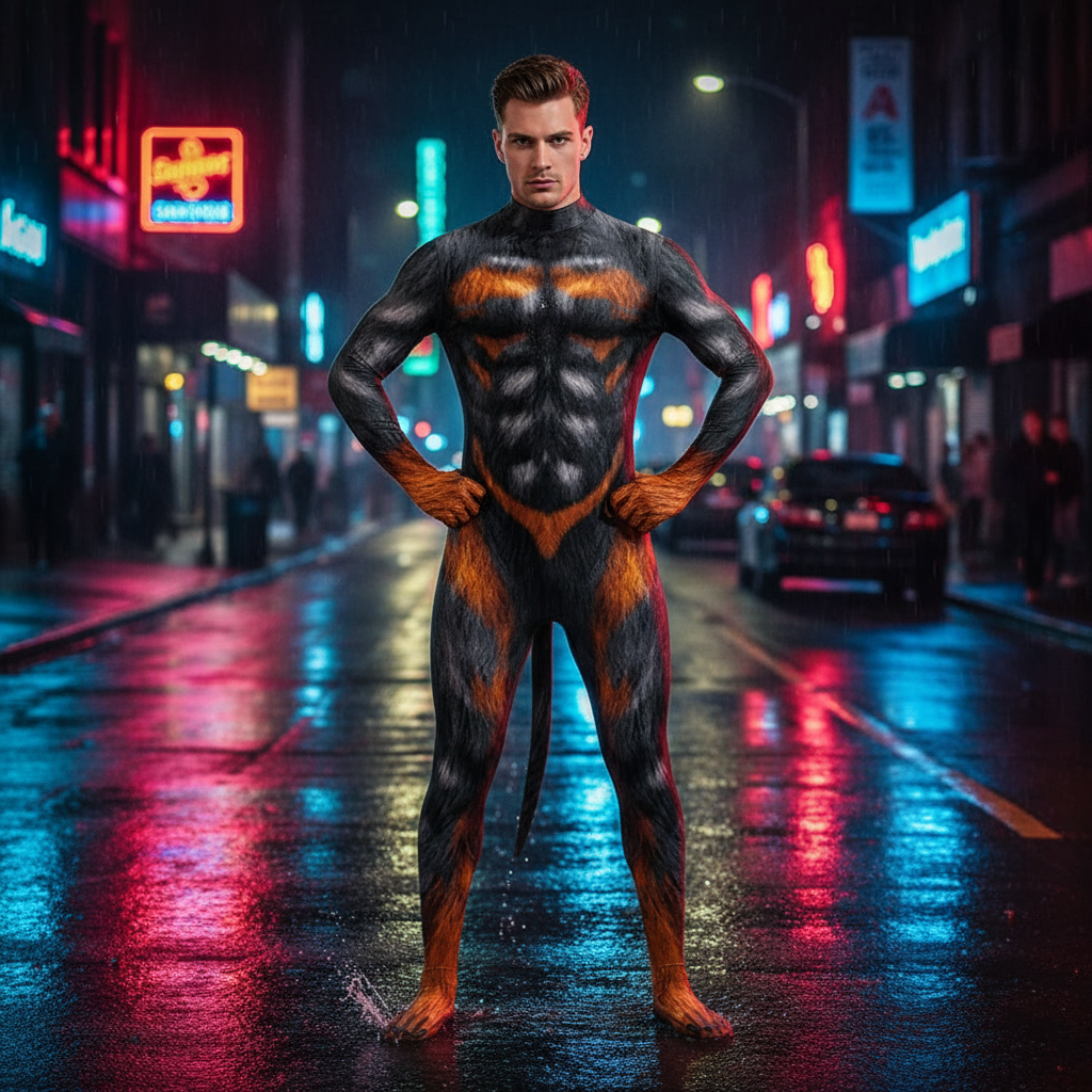 Front-view model in a black-and-orange dog-pattern full-body fetish suit with a long tail