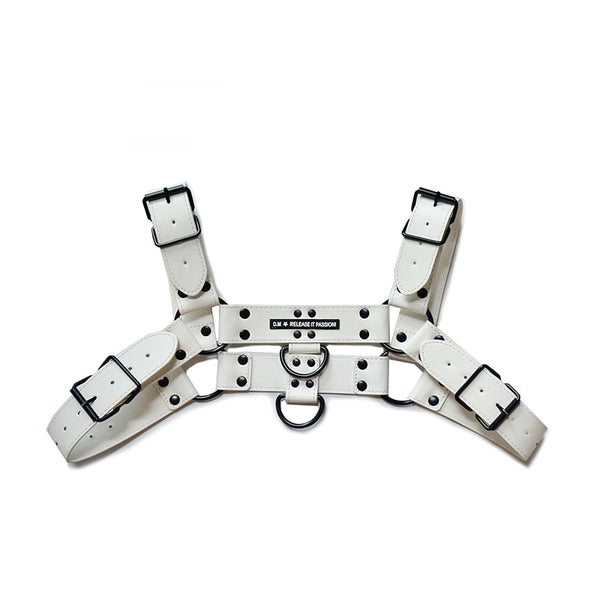 White leather harness laid flat, with four buckled straps, rivets, and metal rings
