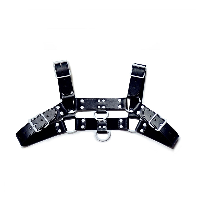 Black leather-style harness with silver buckles, studs, and three D-rings on white