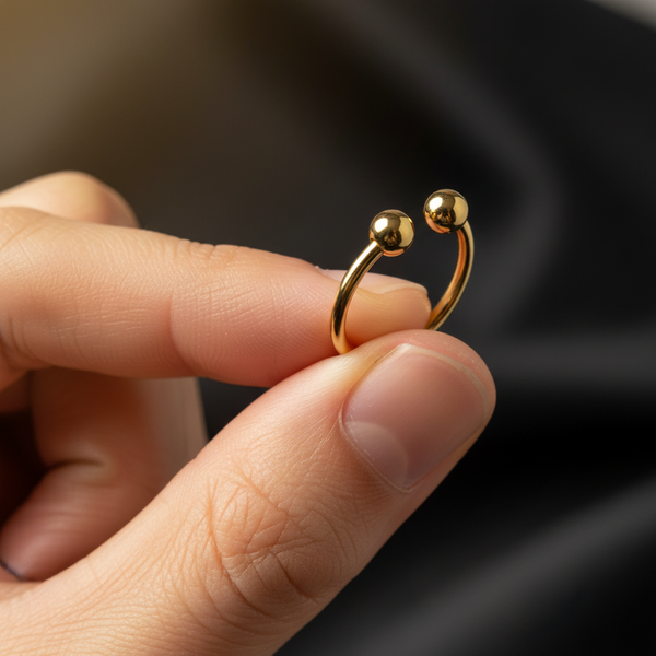 Close-up of fingers holding a small gold-toned cock ring with two rounded beads