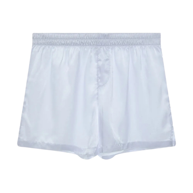 Front view of plain white satin boxer shorts with an elastic waistband and curved hems