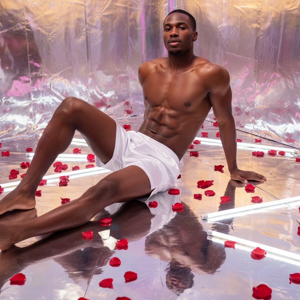 Shirtless model seated on a reflective floor in white satin boxers and red rose petals