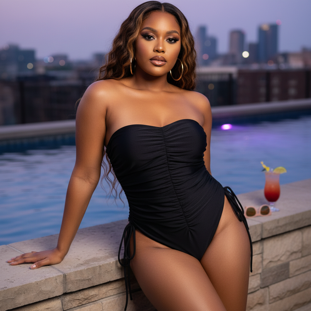 Ruched strapless one piece swimsuit, person lounging by sunset rooftop pool, hoop earrings, sunglasses, cocktail in hand