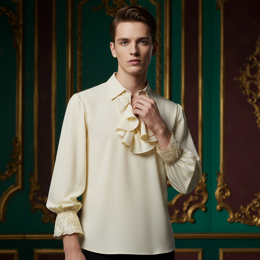 Front-facing model in an ivory shirt with a ruffled bib and lace cuffs