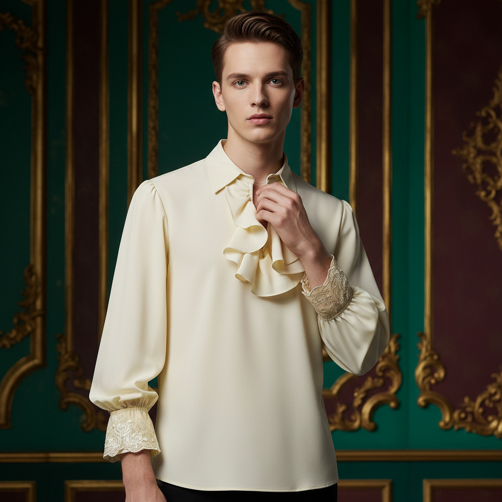 Front-facing model in an ivory shirt with a ruffled bib and lace cuffs