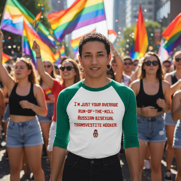 Russian Bisexual Transvestite Hooker 3/4 sleeve raglan shirt worn at a sunny Pride parade