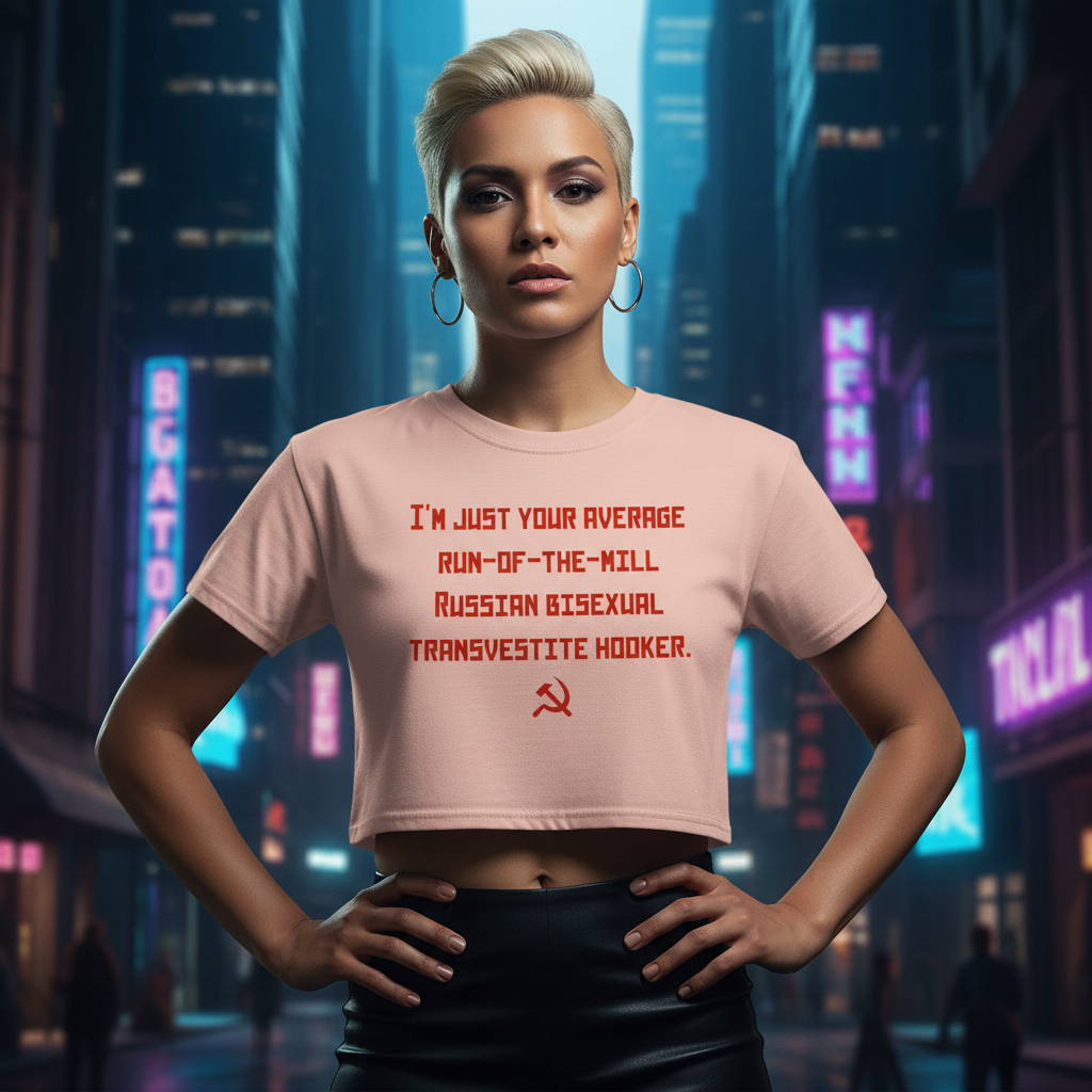 Crop top with bold red "Russian Bisexual Transvestite Hooker" lettering and a hammer-and-sickle