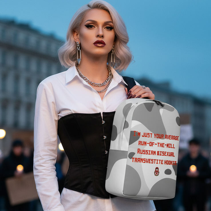 Russian Bisexual Transvestite Hooker Minimalist Backpack with bold red text, rocked by a platinum blonde in white shirt