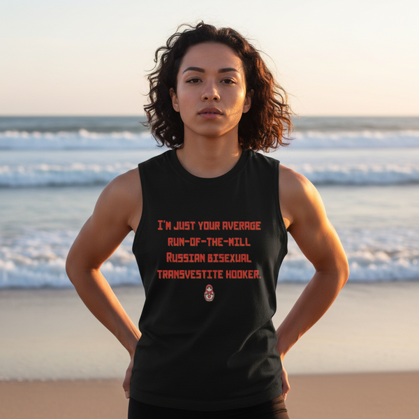 Muscle top with bold orange text 