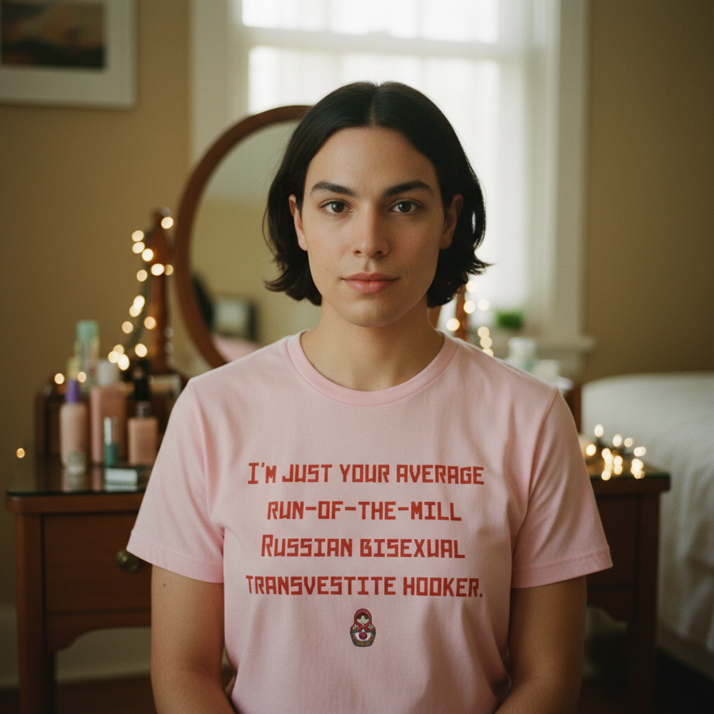 Russian Bisexual Transvestite Hooker T-Shirt in soft cotton, with pink art, bold red text, and matryoshka doll