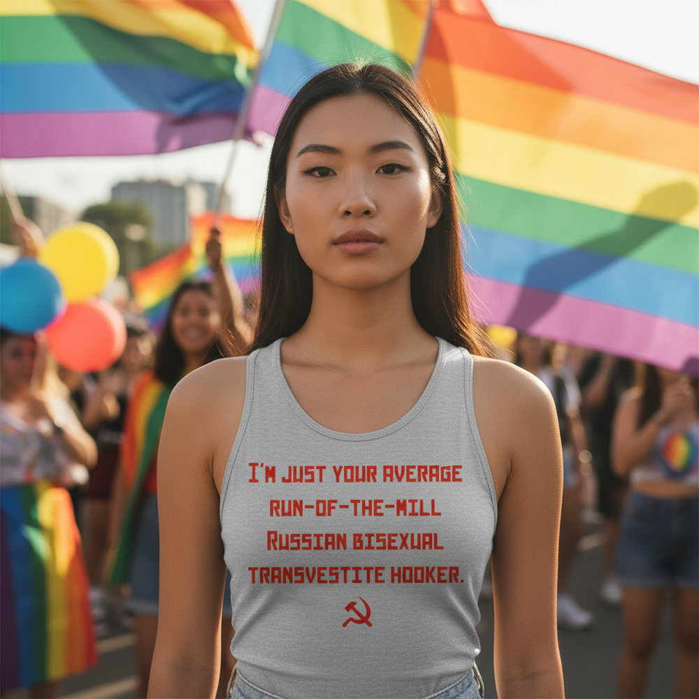 Unisex tank top, gray, red “Russian Bisexual Transvestite Hooker” text, hammer-and-sickle; worn at pride amid rainbow flags.
