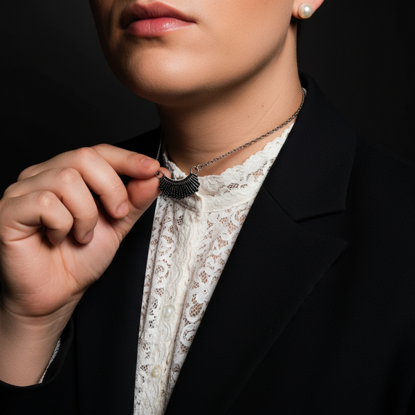 Close-up of a person holding a black fan-shaped Ruth Bader Ginsburg pendant necklace