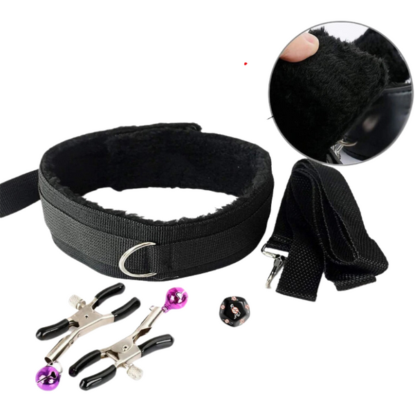 Black padded collar, straps, and two metal nipple clamps with purple ends
