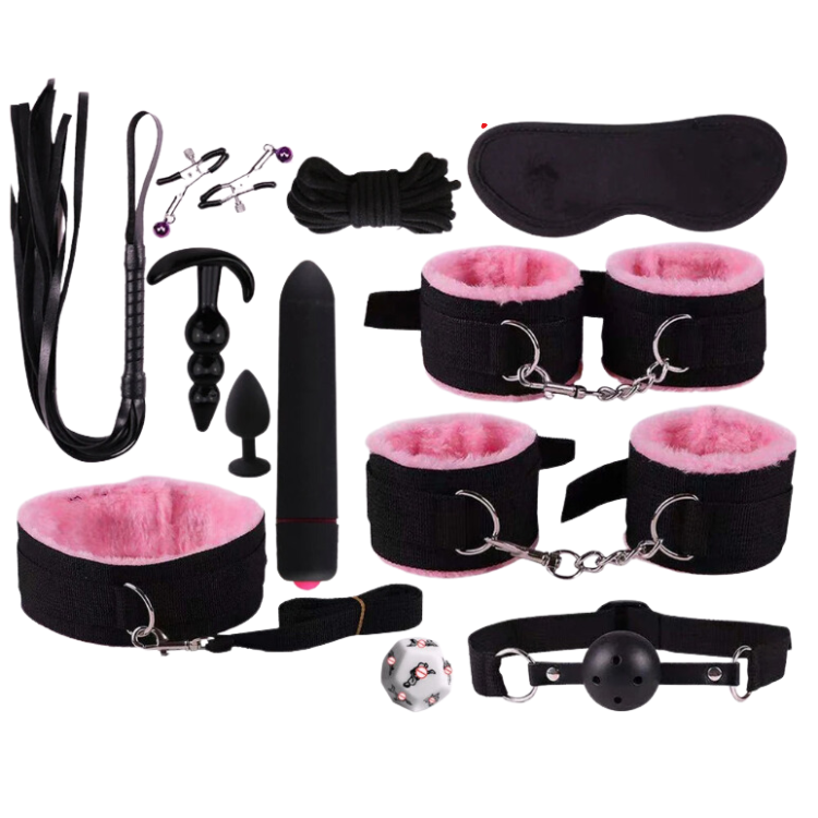 Flat lay of a black S&M beginner kit with cuffs, blindfold, flogger, gag, and accessories