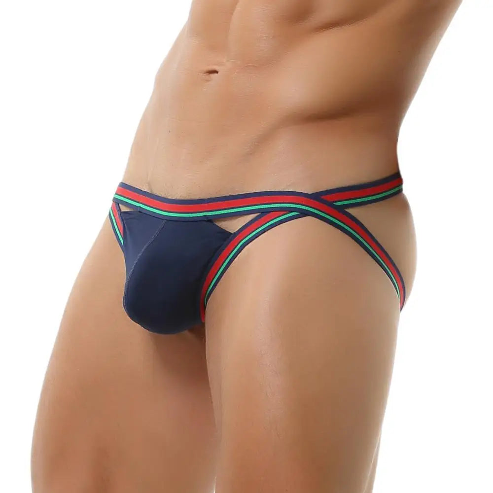 Navy jockstrap with red and green striped waistband and contrasting leg straps