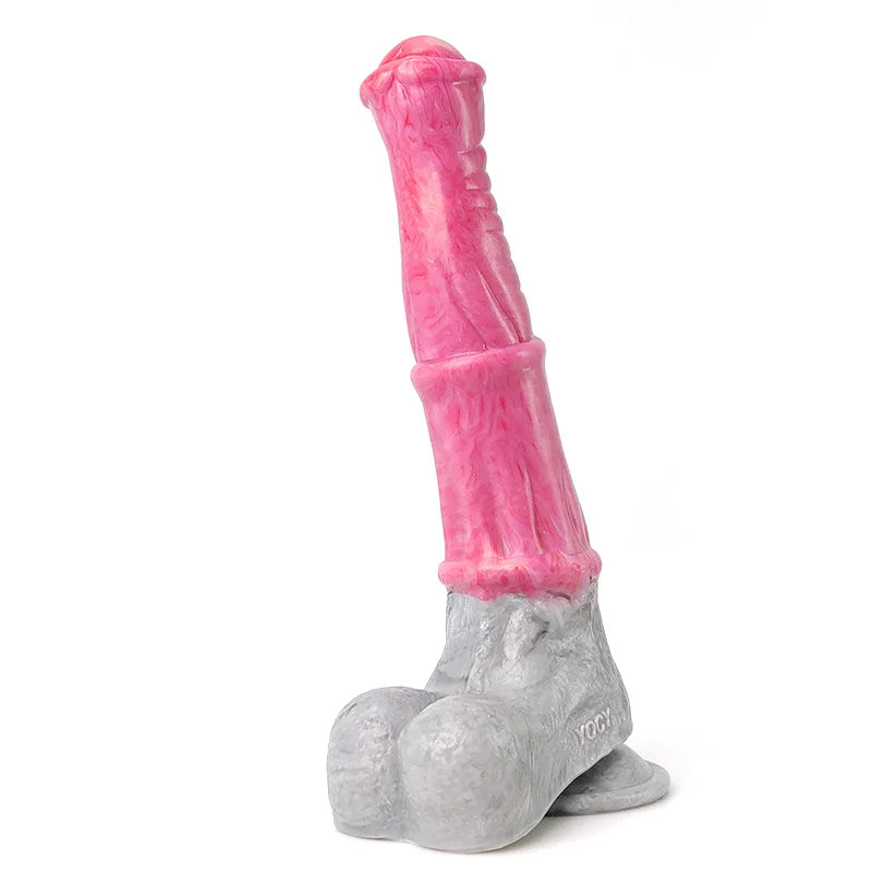 Large pink realistic horse dildo with gray sculpted base, shown upright on white