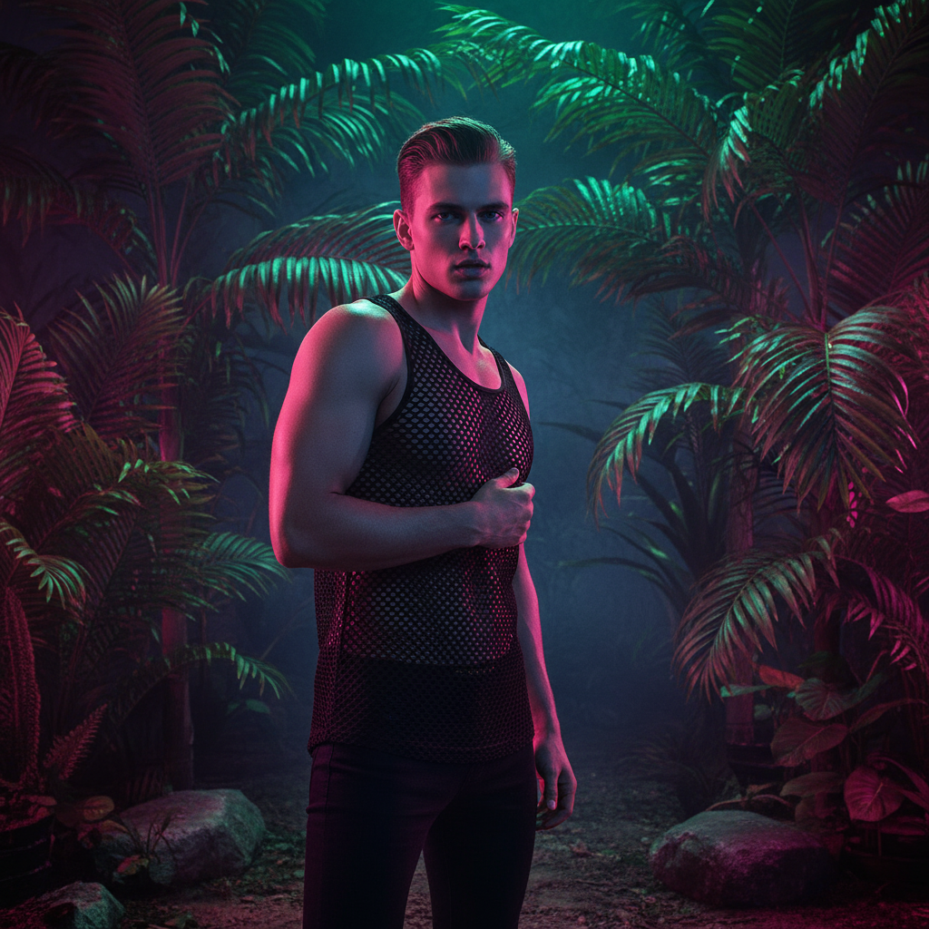 Model wearing a black mesh tank top in a neon-lit tropical setting
