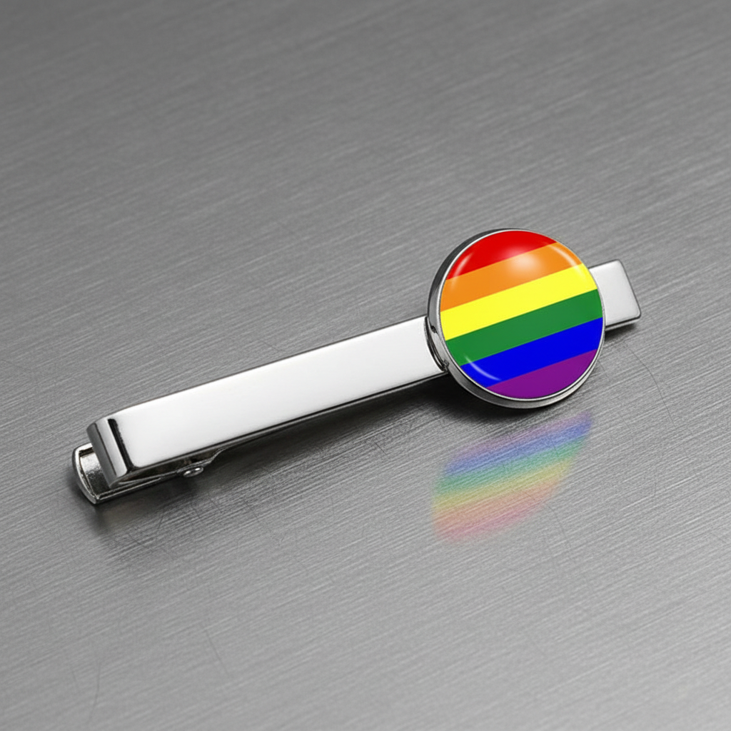 Silver tie clip with a round rainbow Pride flag emblem, shown diagonally on a metallic surface