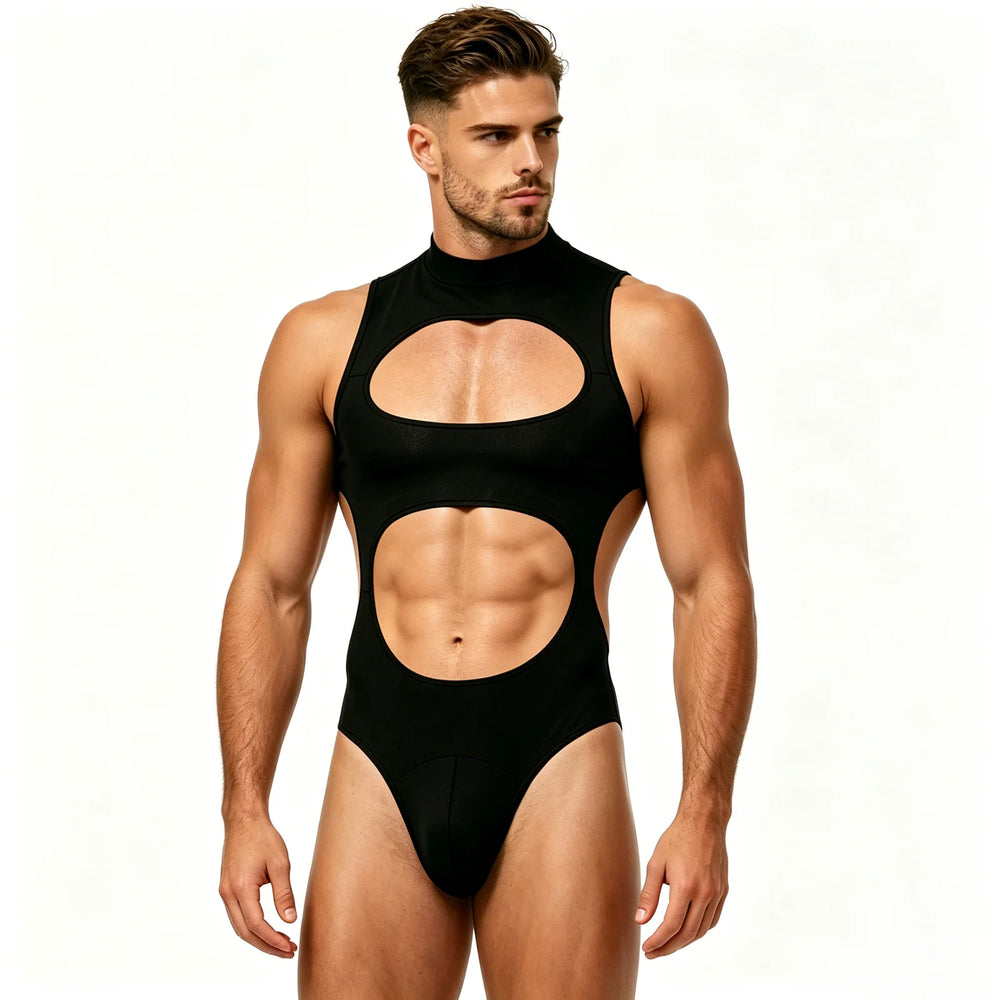 Black cutout bodysuit with oval chest and abdomen openings, modeled from the front
