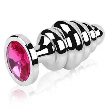 Stainless steel ribbed butt plug with a large pink faceted jewel base