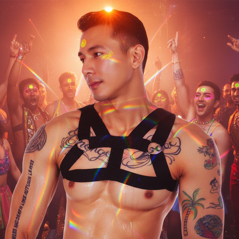 Shirtless tattooed person wearing a black double-shoulder chest harness at a colorful nightclub