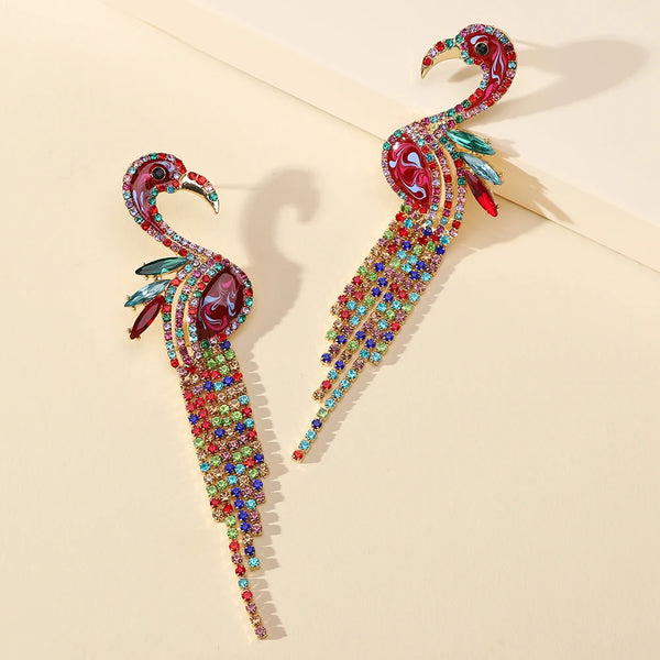 Colorful rhinestone flamingo dangle earrings with long crystal-covered tails