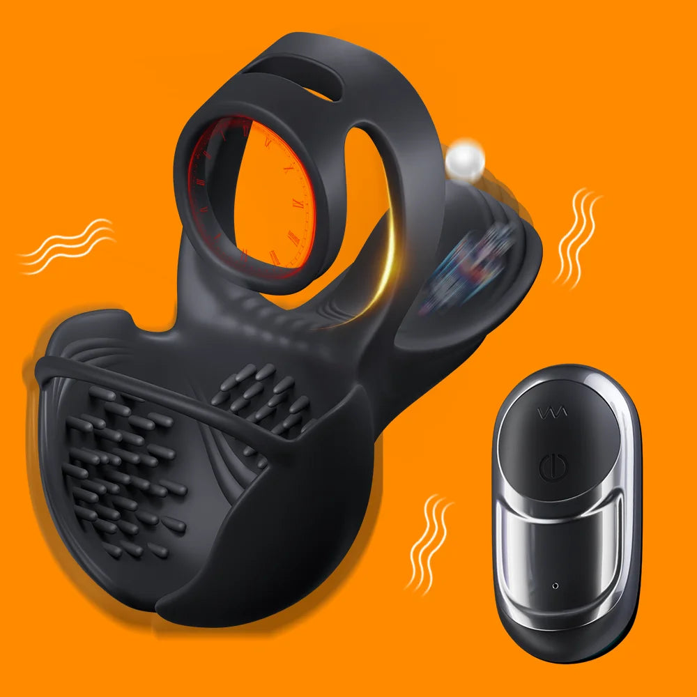 Black textured vibrating chastity cage with silver-tone cylindrical component and ring on orange background