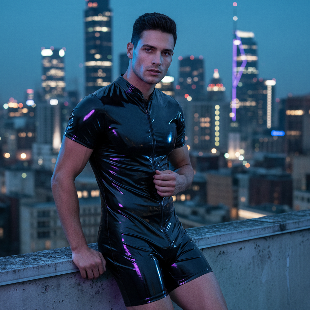 Black glossy PVC romper bodysuit with short sleeves, zip front, and shorts, worn on a city rooftop