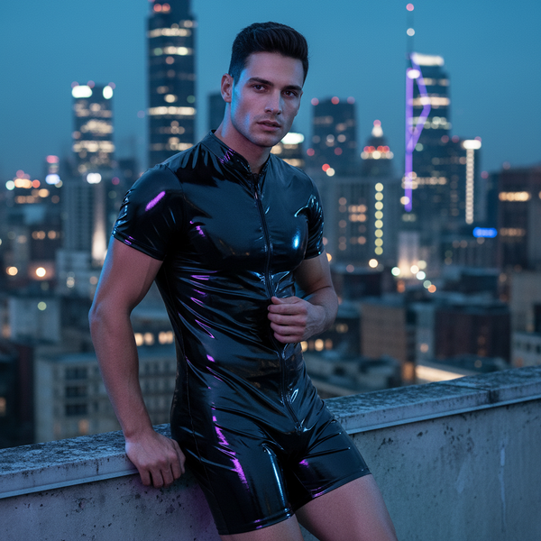 Black glossy PVC romper bodysuit with short sleeves, zip front, and shorts, worn on a city rooftop