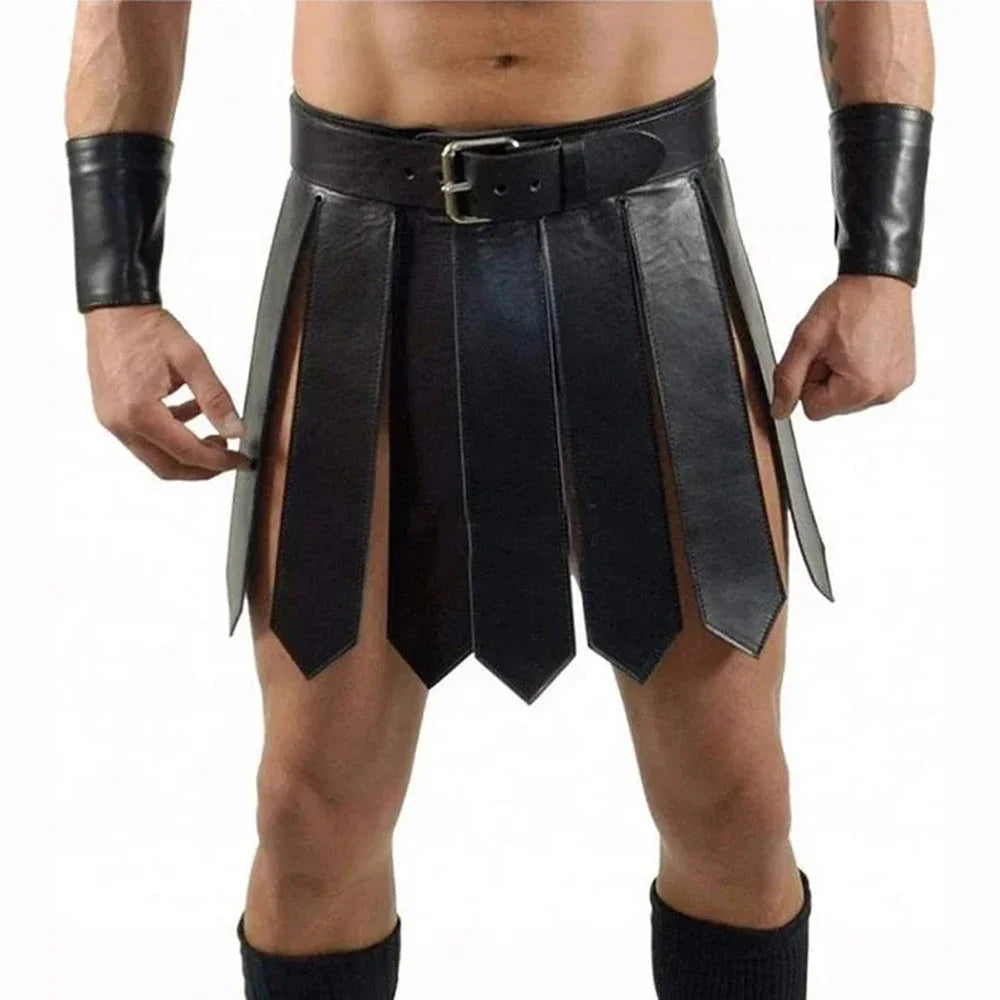 Front view of a model wearing a black gladiator skirt with belt and wrist cuffs