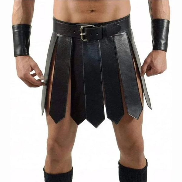 Front view of a model wearing a black gladiator skirt with belt and wrist cuffs