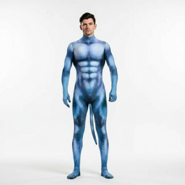 Front-facing model wearing a blue full-body alien bodysuit with a printed muscular torso and tail